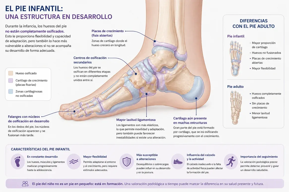 Infografía sobre el pie infantil como estructura en desarrollo: huesos no osificados, laxitud ligamentosa, musculatura en maduración y diferencias con el pie adulto